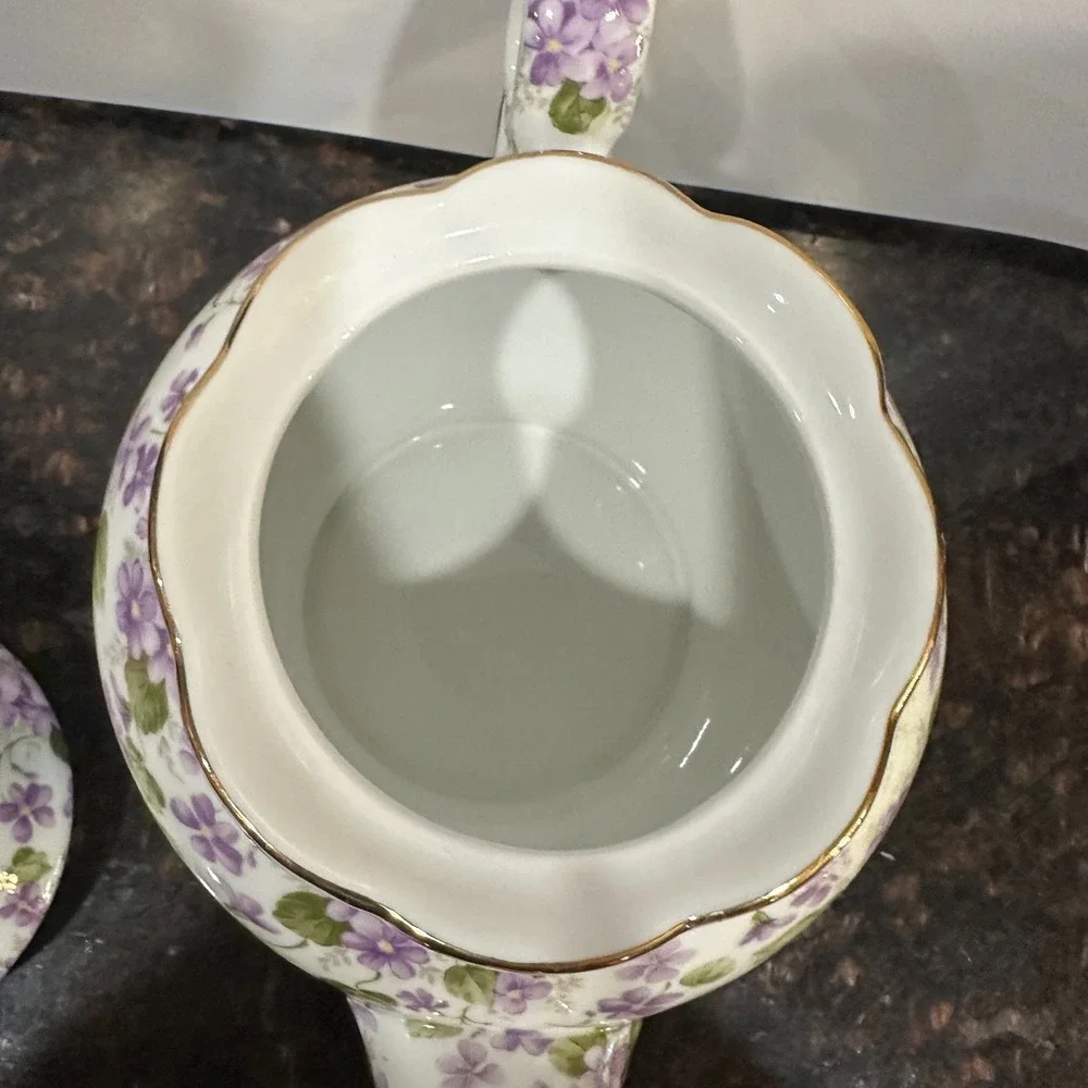 Victorias Garden Purple Violets Floral Porcelain Teapot Gold Trim China Glossy